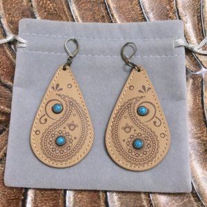 Boho style earrings leather and turquoise original design One of a kind